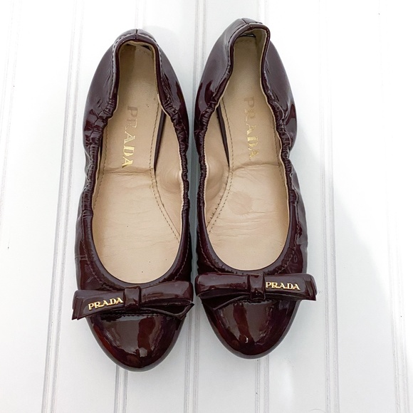 Prada Shoes - Prada Plum Red / Purple Patent Leather Bow Toe Ballet Flats Size EU 36